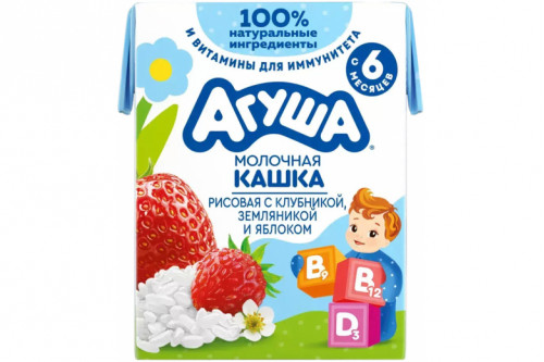 Молочная каша рисовая "Агуша" Вставай-ка 2,5% 200мл. Земляника-клубника-яблоко