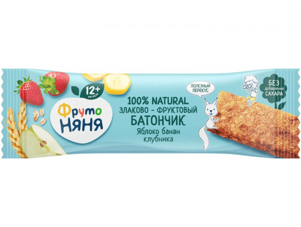 Фруктово-злаковый батончик "Фрутоняня" 80г яблоко-банан-клубника Фруктово-злаковый батончик "Фрутоняня" 80г яблоко-банан-клубника