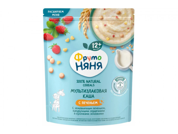 Каша молочная мультизлаковая "ФрутоНяня" с кусочками земляники печенья и кукурузными хлопьями 200г.
